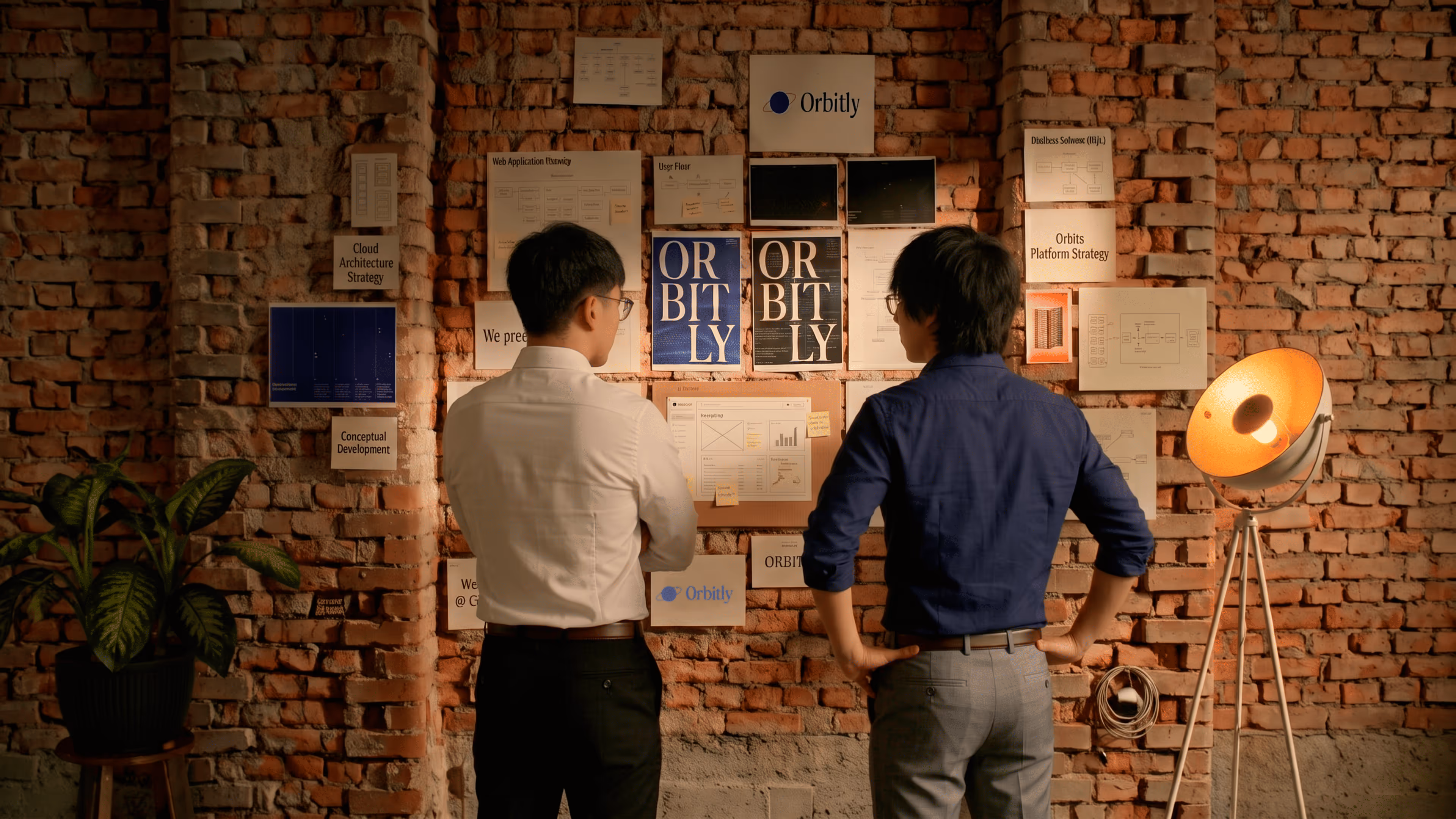 Two man standing in front of a brick wall full of paper posters in a discussion